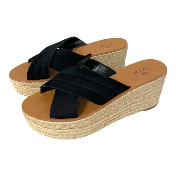 Susina Black Suede Leather Summer Comfort Wedges Platform Espadrille Sandals, 9 - Picture 7 of 11